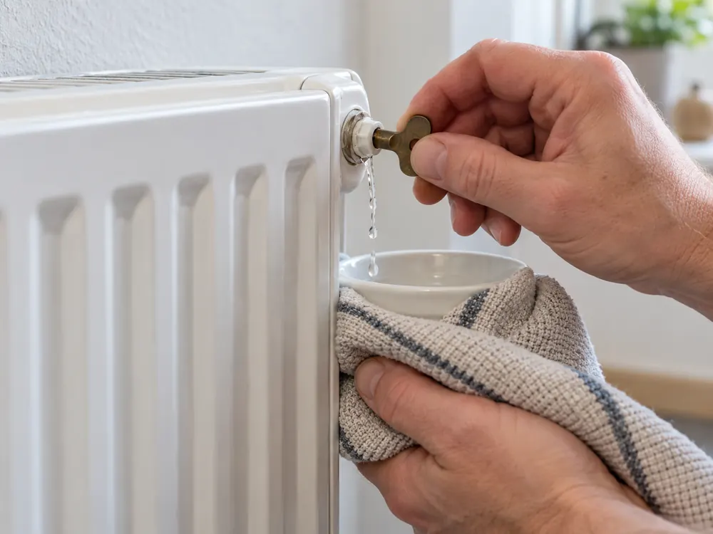 Filet d'eau qui s'ecoule du purgeur d'un radiateur dans un petit recipient, lors d'une purge a Fresnes