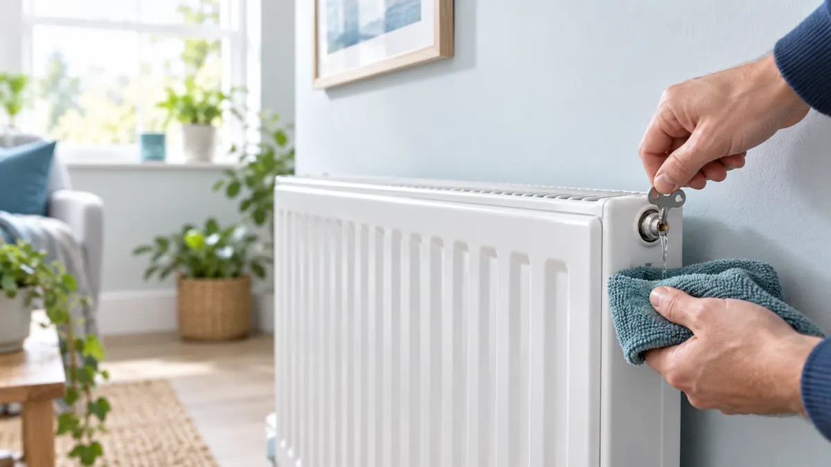 Purge d'un radiateur a eau avec une cle de purge et un chiffon dans un salon a Fresnes